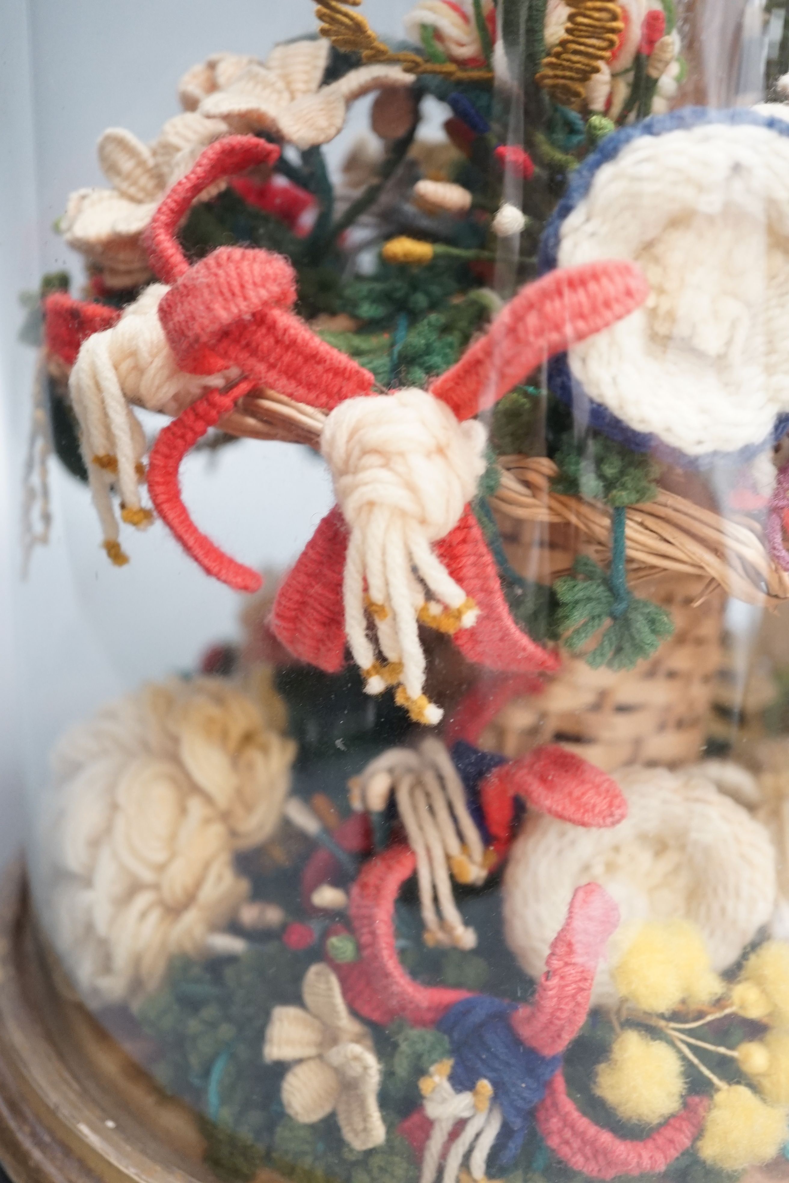 Victorian woolwork model of a bouquet of flowers under a glass dome - 40cm high